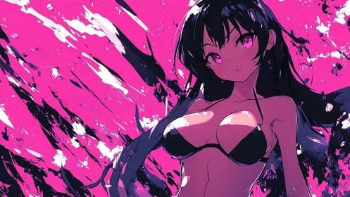 Neon splash anime bikini portrait with high-contrast chroma fields.