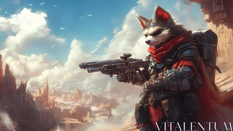 Armored raccoon ranger scans desert canyon with scoped plasma rifle