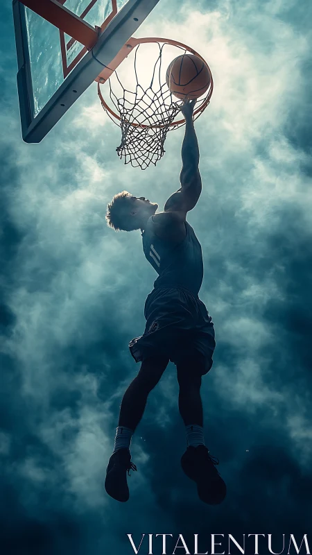 Basketball player soars for powerful dunk through misty light.