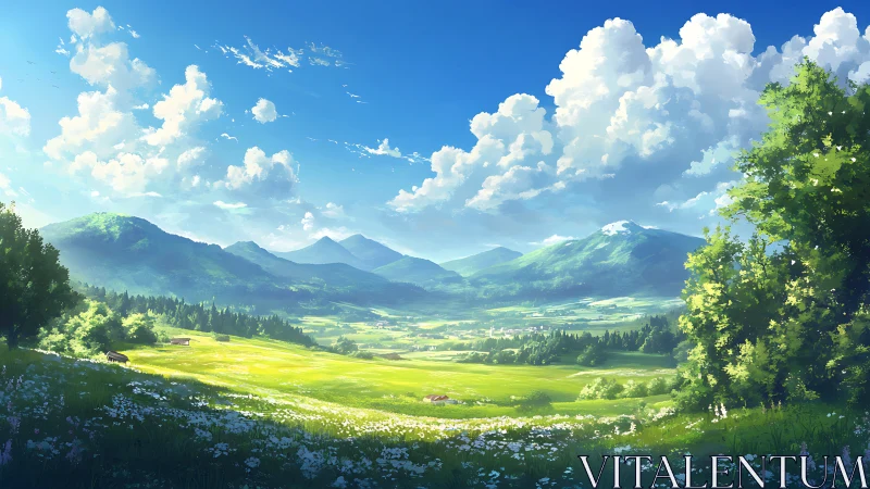 Digital painting pastoral valley under expansive summer sky.