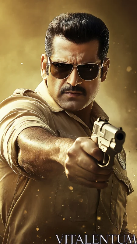 Grit-glazed cop aims justice through golden city dust.