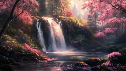 Waterfall in lush pink forest with calm reflective pool.