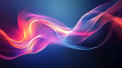 Luminous neon light ribbons flow across deep blue gradient