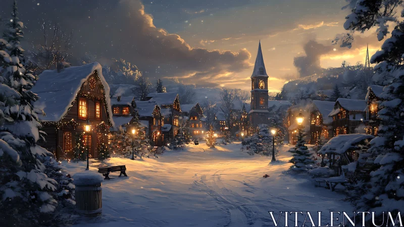 Snow-lit alpine village street rendered in cinematic winter light