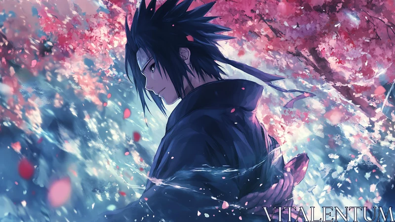 Side-lit anime swordsman under dynamic cherry blossom motion