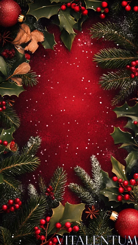 Crimson Christmas frame of holly, evergreens, and sparkle.