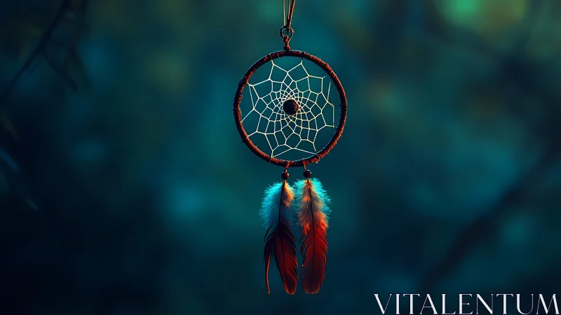 Dreamcatcher with feathers against teal blurred background.