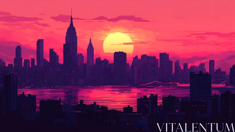 Neon sunset city skyline glowing over tranquil bay waters.