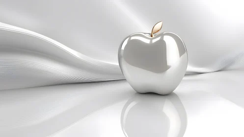 Shiny Silver Apple on Glossy White Fabric Background, Minimalist Art.