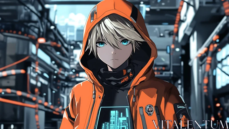 Cybernetic street operative in orange techwear hoodie, neon grid