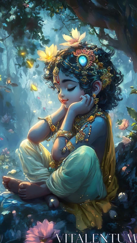 Serene blue child in jeweled attire resting in forest.
