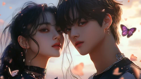 Digital Romance: Two Figures Against Golden Sunset.