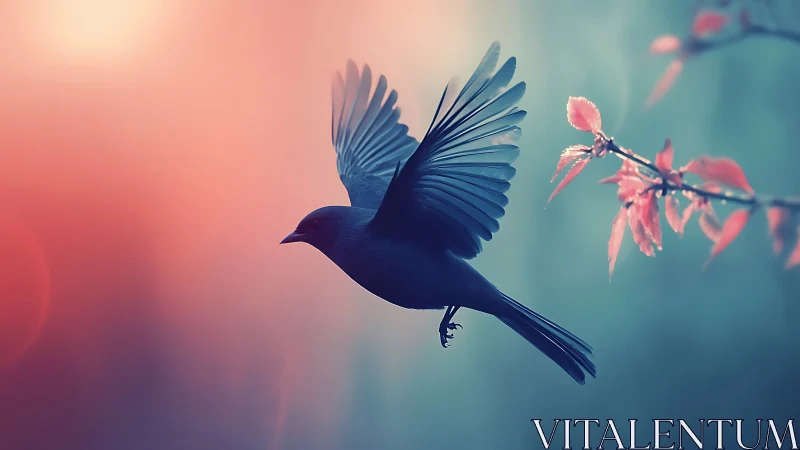 Songbird silhouette glides toward glowing spring branch