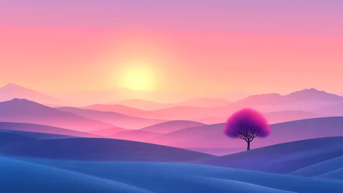 Solitary pink tree dreaming over neon twilight hills.