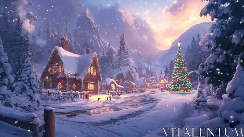 Snowy mountain village shows illuminated Christmas cabins and tree
