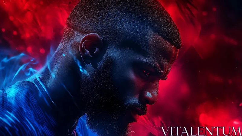 Intense male profile in neon red and blue vapor light.