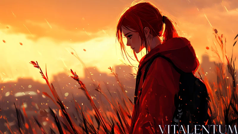 Solitary red-haired girl in glowing sunset fieldscape.