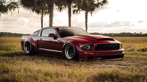 Slammed red muscle car rests low in a warm country sunset field