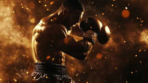 Boxer in Dynamic Punch with Golden Particle Effects.