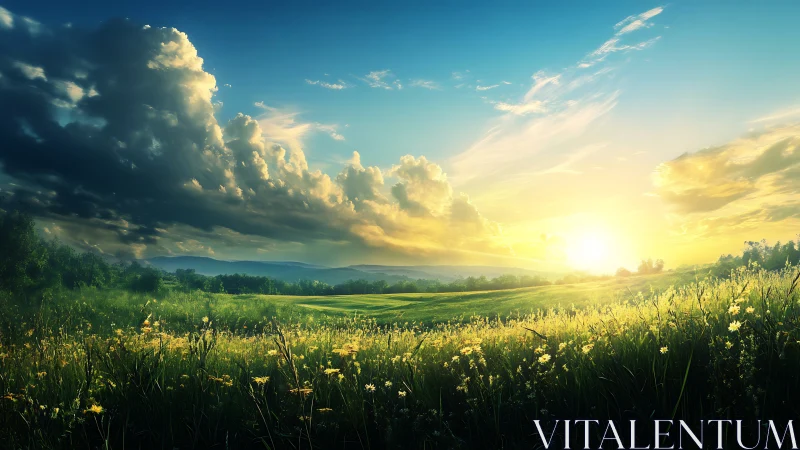 Sunlit wildflower meadow opens to a radiant summer horizon