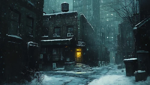 Snowbound city alley glows around one stubborn golden door.