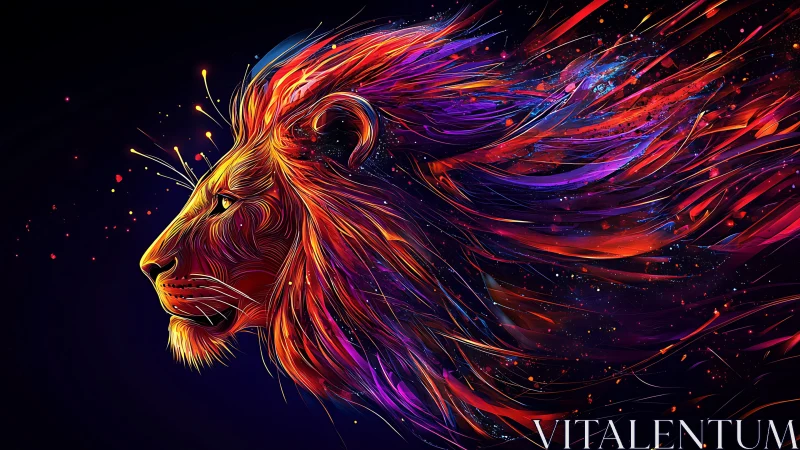 Radiant neon lion profile blazes across cosmic darkness.