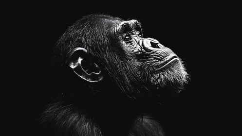 Side profile study of chimpanzee head in high contrast light.