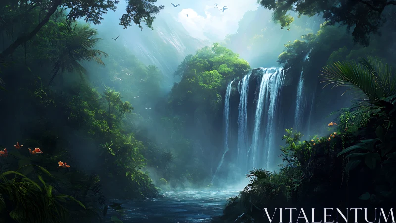 Majestic Waterfall Haven in the Misty Forest.