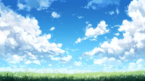 Expansive daytime sky over luminous green meadow horizon.