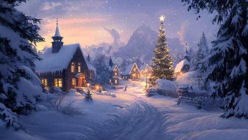 Snowy village at dusk with lit Christmas tree and cabins.