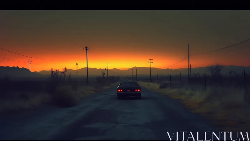 Quiet backroad drive into a glowing desert sunset sky.