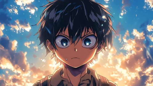Anime boy stares ahead against bright cloud-filled sunset sky