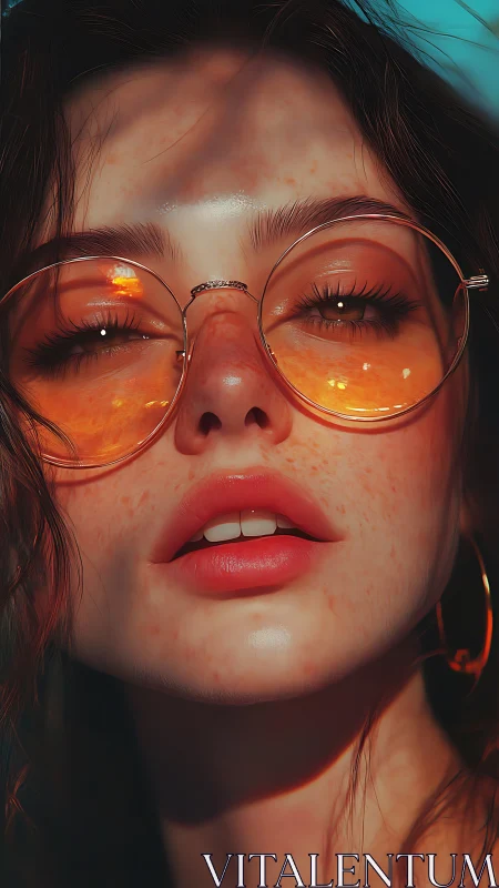 Close portrait shows woman with orange glasses in warm light