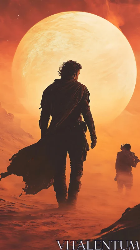 Twin wanderers stride beneath a blazing desert sunstorm.