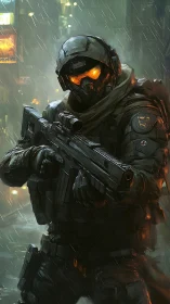Armored cyber soldier with glowing eyes in rainy night.