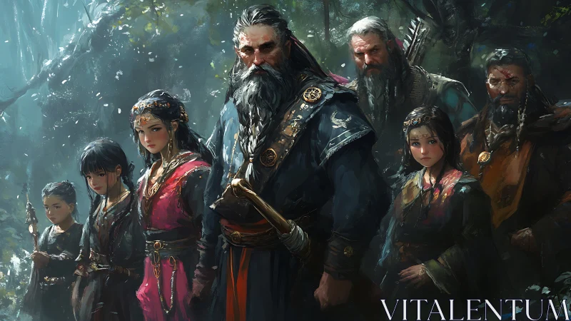 Fantasy forest clan group with elder leader in front line.