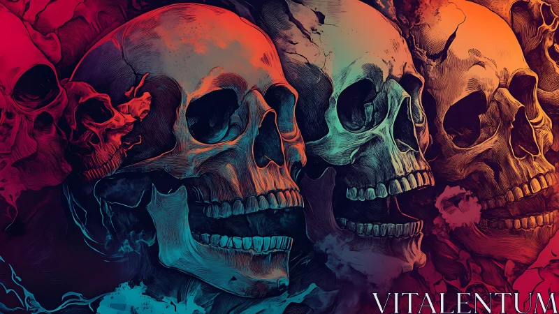 Gradient-lit skull sequence renders high-contrast morbid tableau