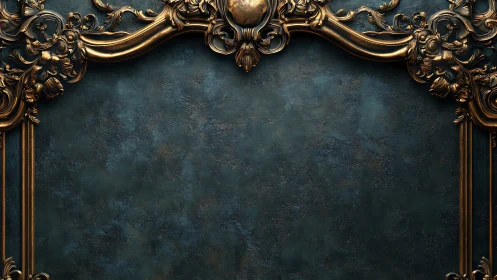Baroque bronze frame detailing against oxidized teal wall.