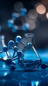 Laboratory flask with molecular model under cool blue bokeh.