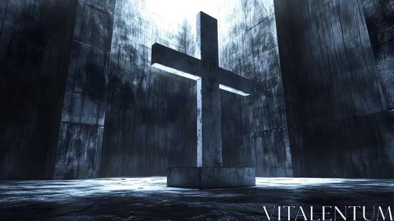 Large stone cross in dramatic modern chamber with moody lighting.