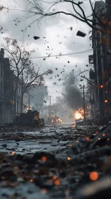 War-damaged city street shows burning wreckage and smoke