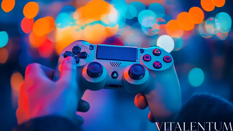 Hands hold PlayStation controller against blurred neon lights