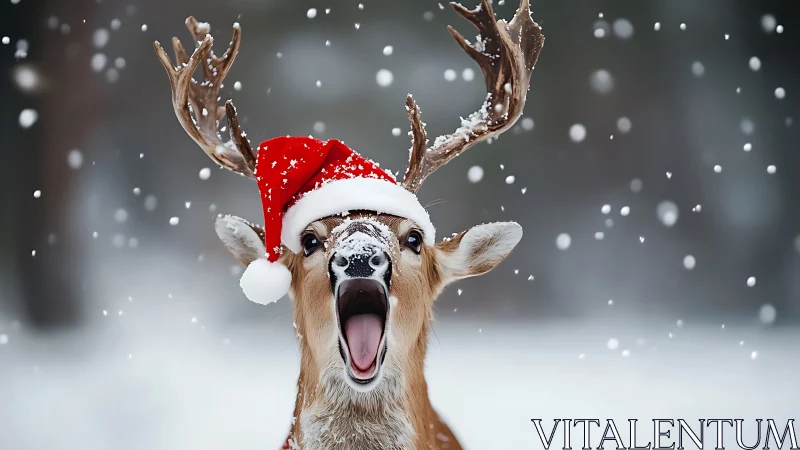 Joyful reindeer in Santa hat shouts into snowy winter air