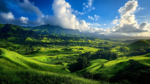 Sunlit green valley extends toward distant clouded mountains