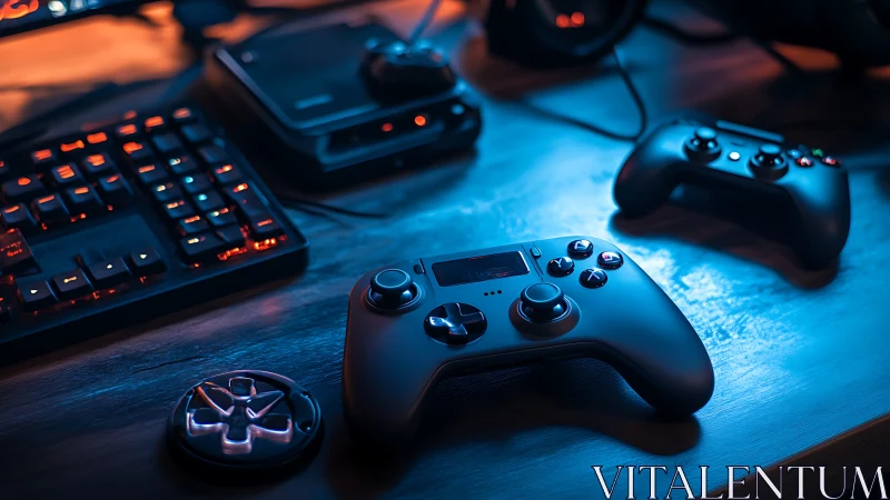 Pro gaming controller under neon blue and orange light.