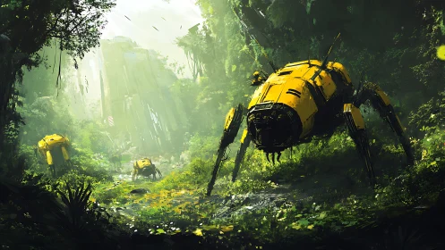 Curious yellow forest robots explore a lush overgrown valley