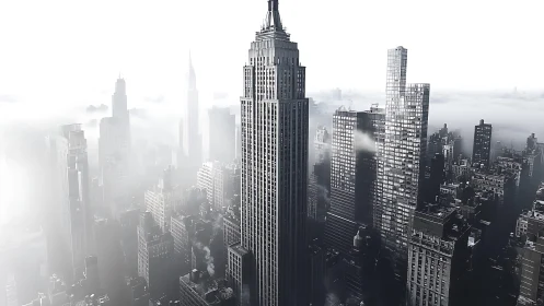 Towering skyscraper emerges through dense city fog at dawn.