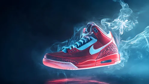 Vibrant red and blue sneaker in smoky, dramatic studio lighting.