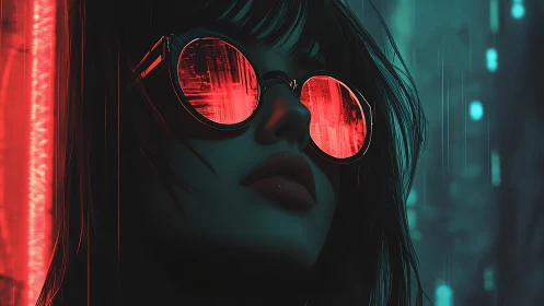 Woman with red reflective glasses in neon urban night scene.