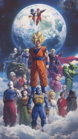 Celestial anime warriors united before luminous planet backdrop.